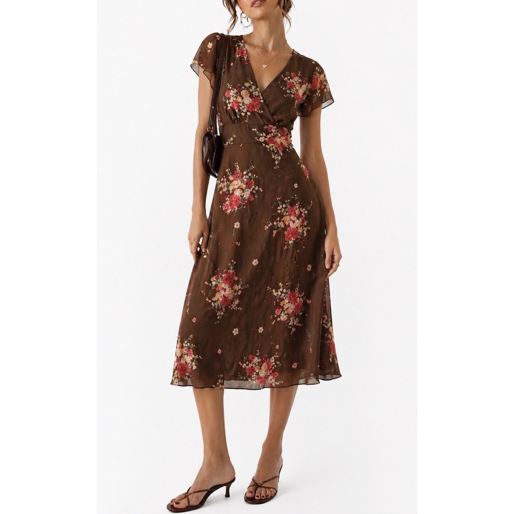 David Warren Silk Floral Midi Dress Brown Y2K 90s Empire Waist Cap Sleeve 8 EUC